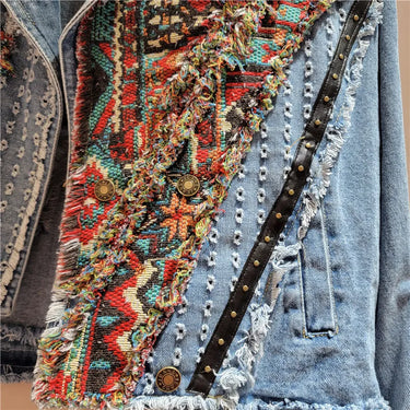 Women Spring Autumn Ethnic Geometry Floral Pattern Embroidered Suits Collar Denim Jacket Rivets Jeans Coat Cowboy Cardigan Tops
