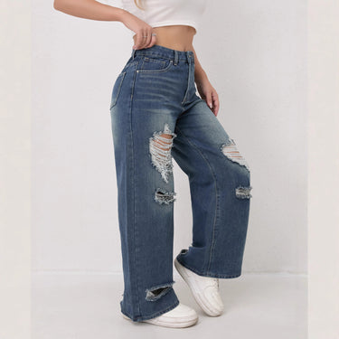 Distressed Ripped Wide-Leg Jeans Women High Waist Loose Denim Wide-Leg Pants Slimming Women's Autumn Jeans