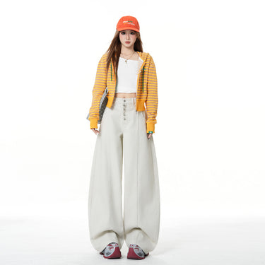 Stylish Gray and White Five-Button Loose Wide-Leg Jeans for Women