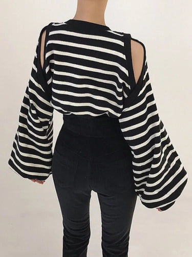O Neck Hollow Out All-match Contrast Color Stripe Puff Long Sleeve Sweatshirt Clothes For Women