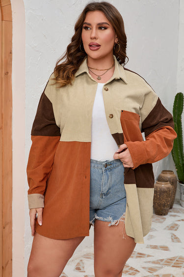 Brown Corduroy Colorblock Pocket Plus Size Jacket