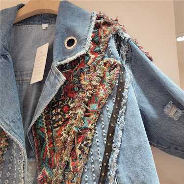 Women Spring Autumn Ethnic Geometry Floral Pattern Embroidered Suits Collar Denim Jacket Rivets Jeans Coat Cowboy Cardigan Tops