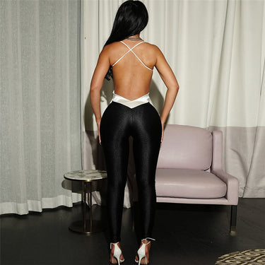 Color-blocked Cross-back High-waisted Bodycon Jumpsuit