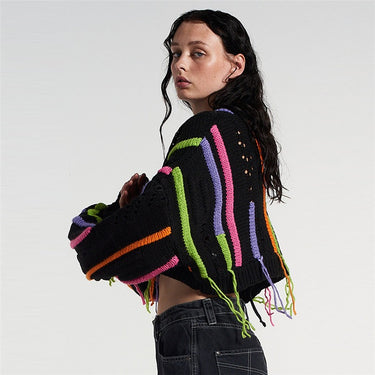 European and American Style Women's Spring New Ins Street Photo Fashion Knit Shirt Color Matching Tassels Versatile Casual Sweat