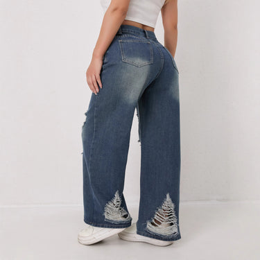 Distressed Ripped Wide-Leg Jeans Women High Waist Loose Denim Wide-Leg Pants Slimming Women's Autumn Jeans