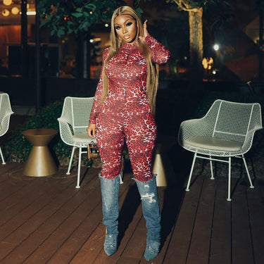 Style Women's Leopard Print Mesh High Neck Deep Back Cutout Long Sleeve Bodycon Jumpsuit