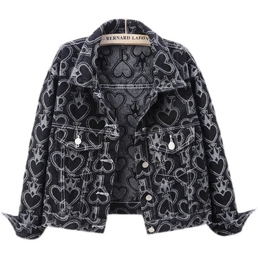 Jeans Jacket Women Heart Shaped Print Fashion Pocket Lapel Black Short Denim Jackets Female Spring Autumn Loose Jeans Coat