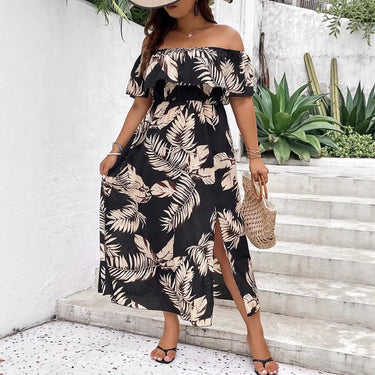 Tropical Print Vacation Summer Women's Plus Size Off-Shoulder Dress Casual Style