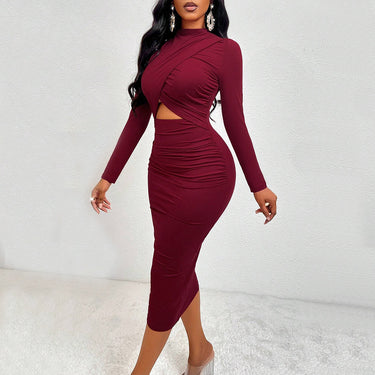 European beauty decoration buttocks sexy hollow long-sleeved tight dress