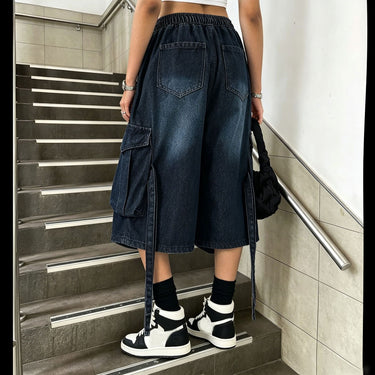 Workwear Denim Pants with Washed Finish Elastic Drawstring Waist Casual Style Bottoms