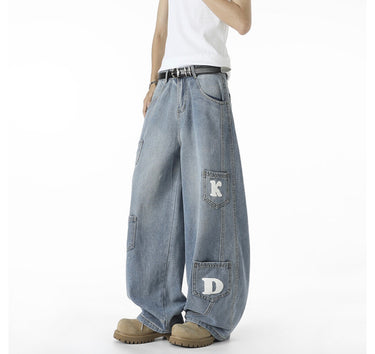 Multi-pocket Washed Knife-cut Pants for Men and Women Autumn American Retro Distressed Jeans, Loose Wide-leg Floor-length Trousers