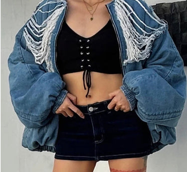 Patchwork Pockets Casual Loose Denim Jackets For Women Round Neck Long Sleeve Spliced Zipper Jacket Female Fashion