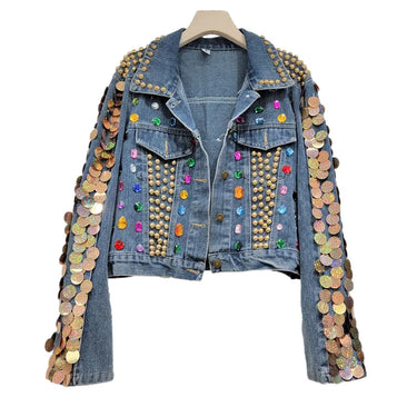 Heavy Work Sequins Diamonds Rivet Denim Jacket Women Loose Short Cowboy Outerwear Autumn Vintage Blue Jeans Jacket Coat Female