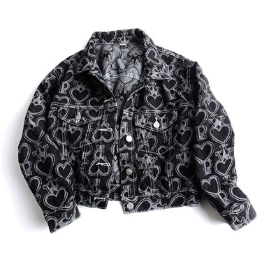 Jeans Jacket Women Heart Shaped Print Fashion Pocket Lapel Black Short Denim Jackets Female  Spring Autumn Loose Jeans Coat