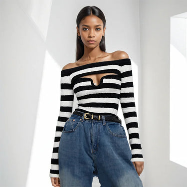 Color blocking striped sexy one shoulder knitted sweater for women spicy girl off shoulder slim fit long sleeved sweater