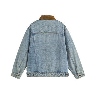 Color-Blocked Turn-Down Collar Casual Denim Jacket for Men and Women