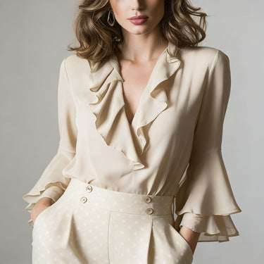 Charming Ruffle Blouse for Women, V-Neck Long Sleeve Shirt Elegant Style Feminine Top