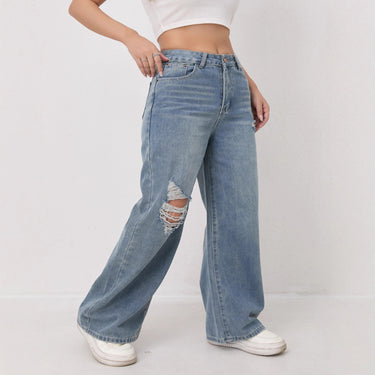 Distressed Ripped Wide-Leg Jeans Women High Waist Loose Denim Wide-Leg Pants Slimming Women's Autumn Jeans