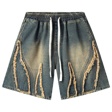 Retro washed frayed fringe denim shorts for men