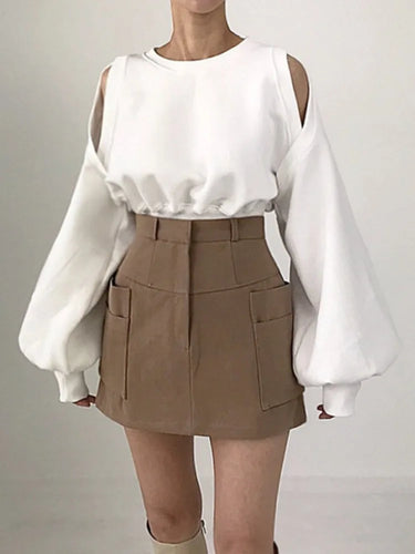 O Neck Hollow Out  All-match Contrast Color Stripe Puff Long Sleeve Sweatshirt Clothes For Women