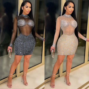 Fashion Sexy Club Glitter Mesh Sheer Long Sleeve Dress
