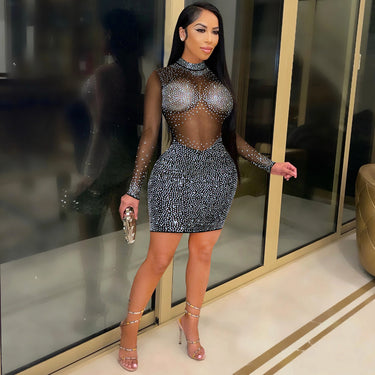 Fashion Sexy Club Glitter Mesh Sheer Long Sleeve Dress