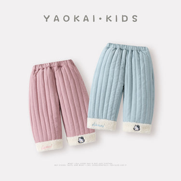 Quilted Fleece Pants with Plush Trim, Thickened Patchwork Design, Stylish and Versatile Winter Pants for Infants