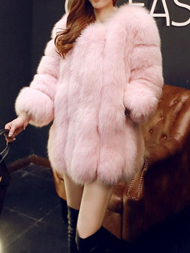 Fashion Women's Faux Fur Coat O-neck Long Sleeve Purple Pink Plush Loose Thick Warm Jackets Female Winter