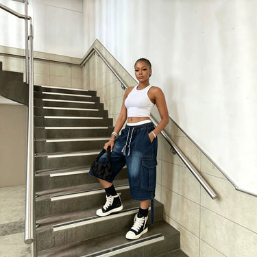 Workwear Denim Pants with Washed Finish Elastic Drawstring Waist Casual Style Bottoms