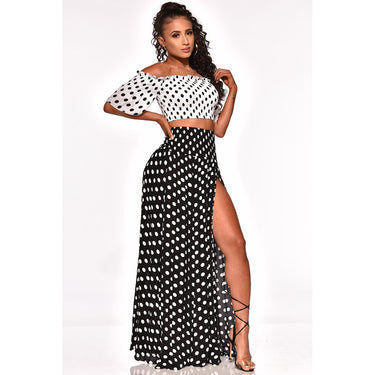 Polka off shoulder split skirt set