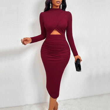 European beauty decoration buttocks sexy hollow long-sleeved tight dress