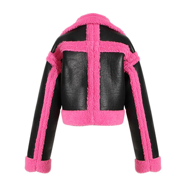 Women Fake Fur Coat Autumn Winter Color Matching Motorcycle One Piece Jacket Fashion All Matching Ladies Warm Tops New