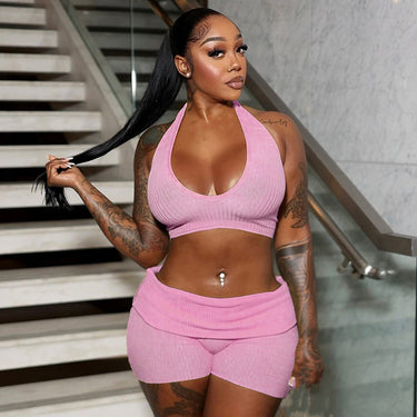 Simple Sweet Spicy Deep V Neck Back Tie Waist Exposing Belted Folded Waist Shorts Two-Piece Set