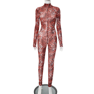 Style Women's Leopard Print Mesh High Neck Deep Back Cutout Long Sleeve Bodycon Jumpsuit