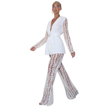 Lace floral long sleeved top and flared pants set