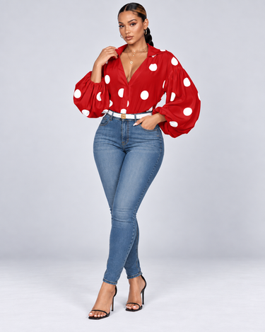 Polka Dot Half-Open Neck Loose Bubble Sleeve Long Sleeve Top (Copy)