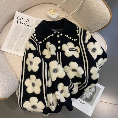 Pearl Beading Floral Knitted Women Sweater Tops  Autumn Winter Vintage Elegant Ladies Pullover Long Sleeve Fashion Jumpers
