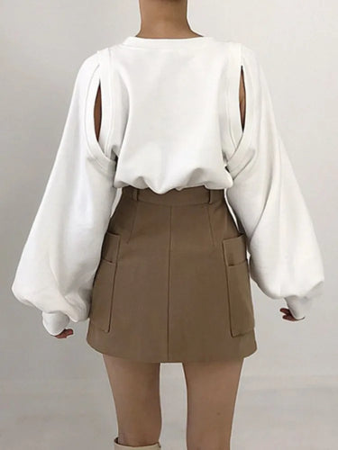 O Neck Hollow Out  All-match Contrast Color Stripe Puff Long Sleeve Sweatshirt Clothes For Women