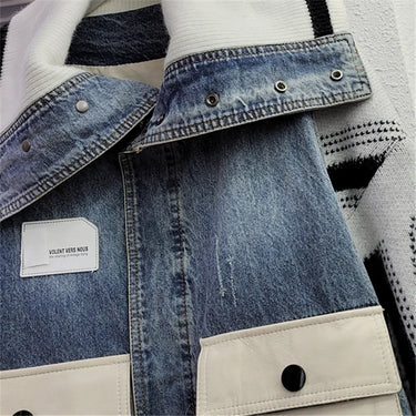 Jeans Jacket Women  Autumn New Big Pocket Knitted Spliced Long Sleeve Lapel Denim Jackets Streetwear Loose Jeans Coat Female