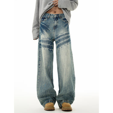 Vintage Washed Cracked Denim Pants Women Straight Leg Retro Distressed Street Style Jeans