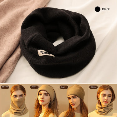 One piece solid color hanging ear women's wool scarf with scarf and hat