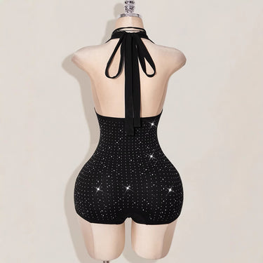 Deep V Backless Rhinestone Bodycon Mini Dress with Halter Neckline