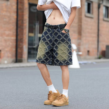 Wide leg washed jacquard loose denim shorts for men