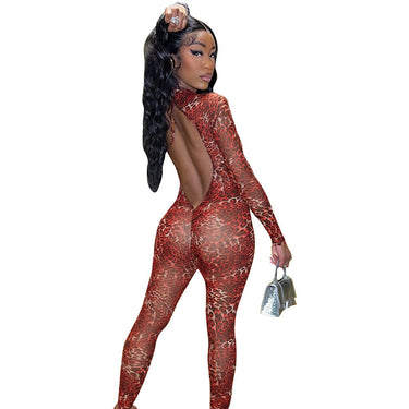Style Women's Leopard Print Mesh High Neck Deep Back Cutout Long Sleeve Bodycon Jumpsuit