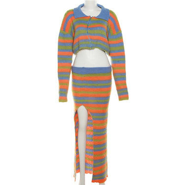 Stripe color matching lapel zippered cardigan split knit long skirt set