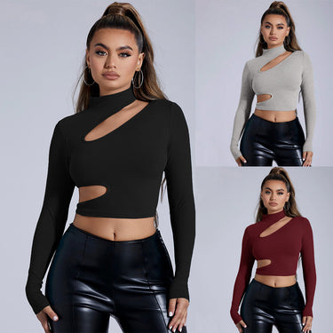 Women's European and American semi high neck black long sleeved sexy tight top
