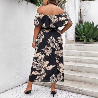 Tropical Print Vacation Summer Women's Plus Size Off-Shoulder Dress Casual Style