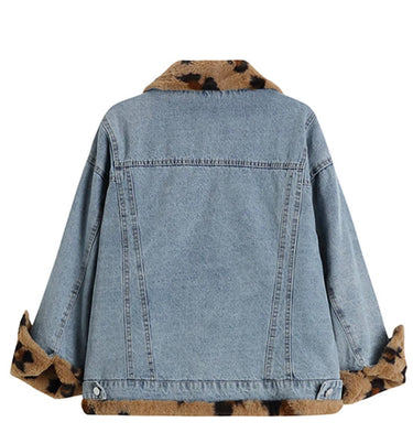 Women's Denim Coat Leopard Pattern Printed Plush Thicken Lamb Wool Female Loose Jackets Winter New Fashion