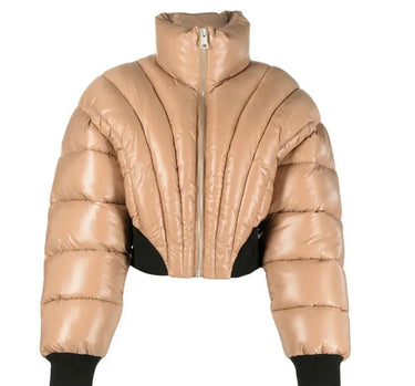 Women Cotton-padded Coat Glossy Stand Collar Patchwork Zipper Slim Thick Warm Parka Jackets