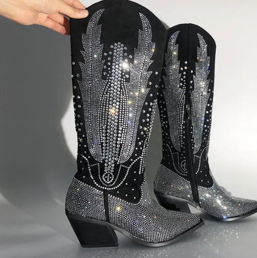 Onlymaker Women Black Knee High Rhinestone Boots Western Cowboy Boots Glitter Bling Shiny Block Heel Handmade Boots